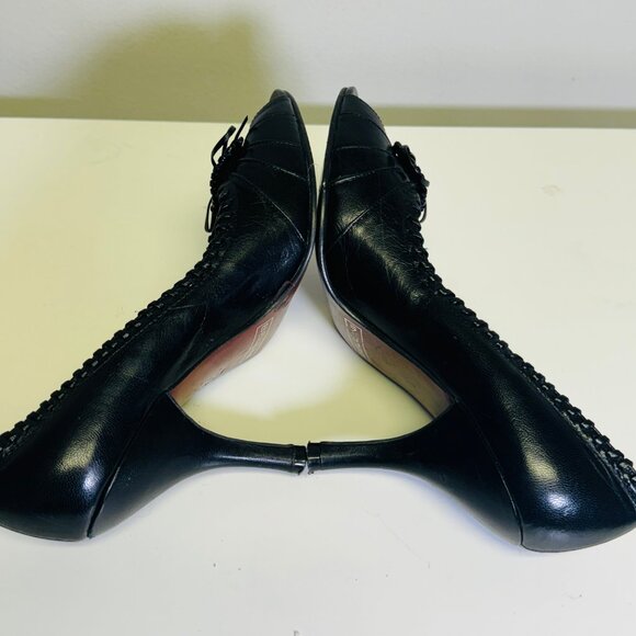 BELLINI SIZE 7 Black PATENT LEATHER OPEN TOE TRIM BOW DETAIL STITCHING PLEATED - Picture 6 of 7